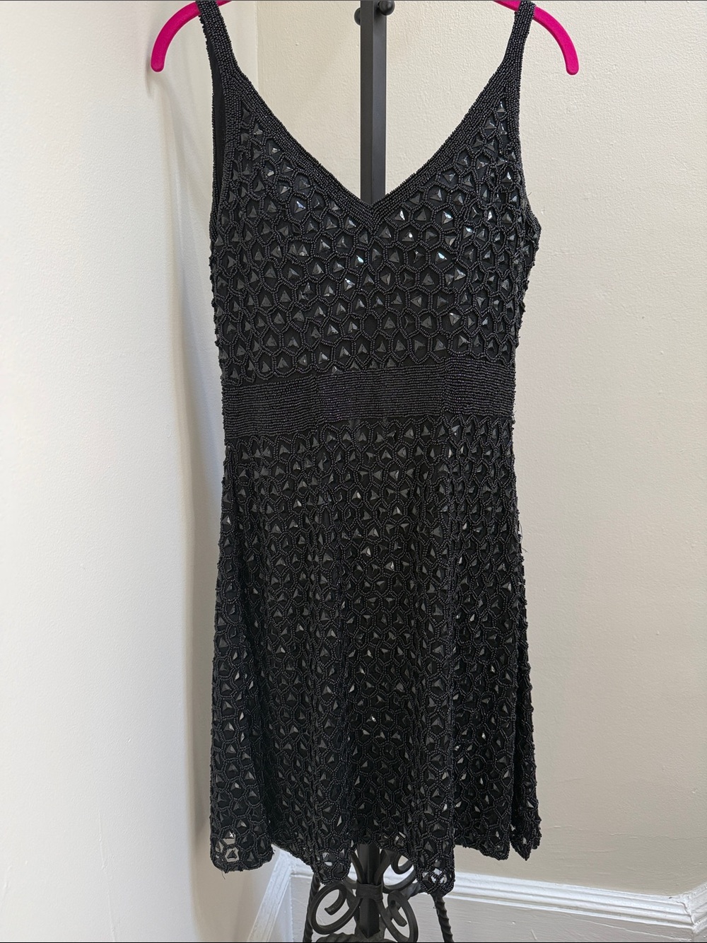 Primavera Couture Black Crochet V-Neck Sleeveless Mini Dress